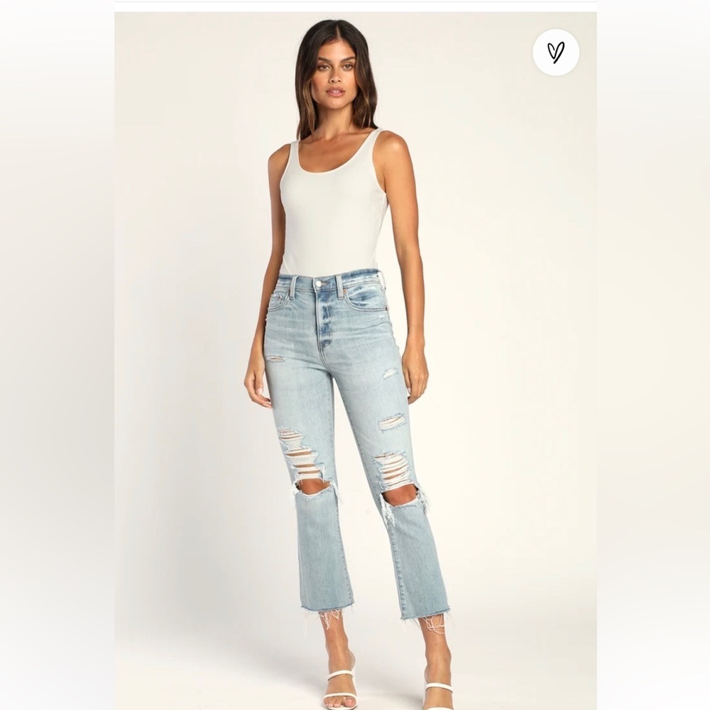 Shy Girl Light Wash Distressed Cropped High-Waisted Flare Jeans size 27